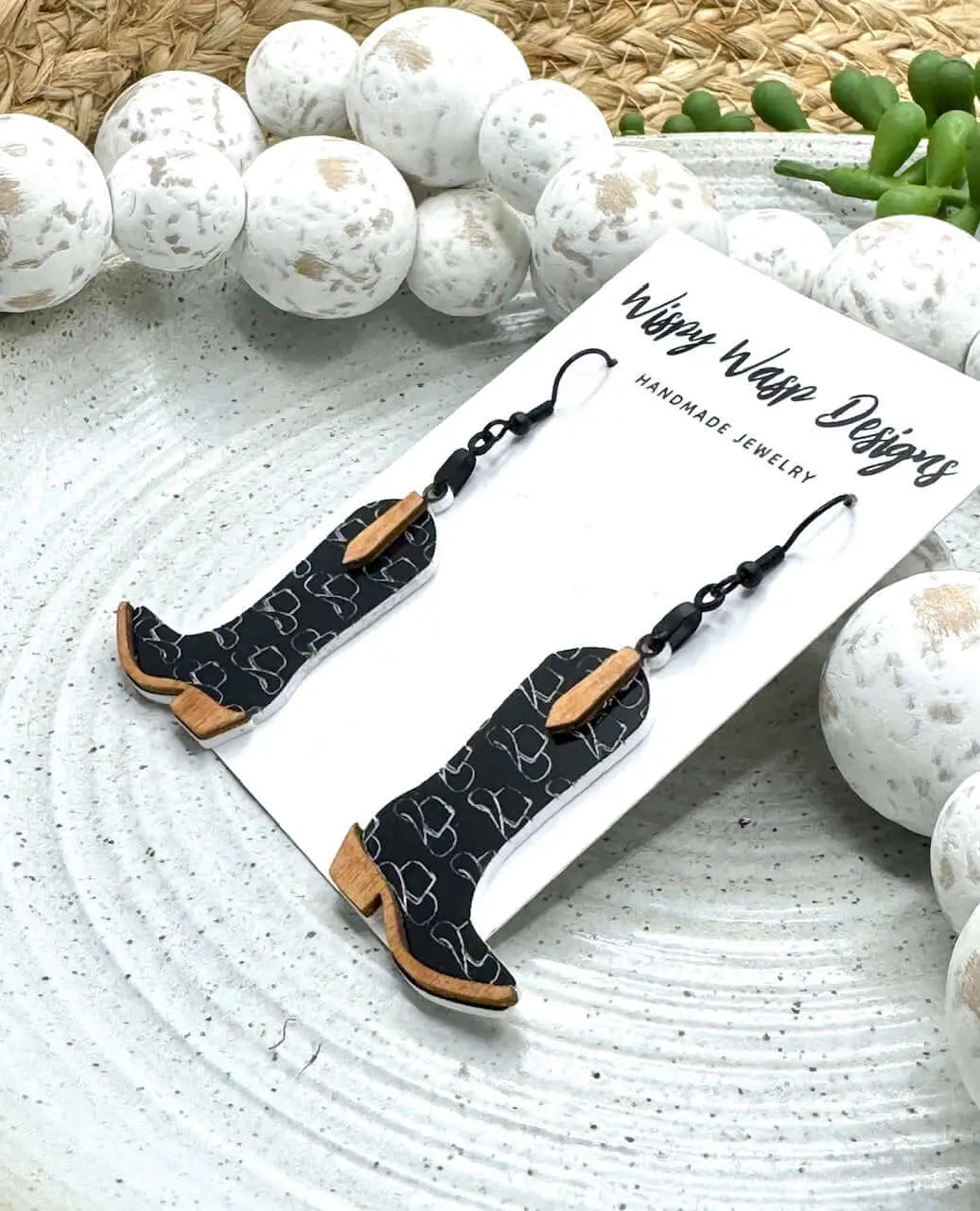 Cowboy Boot Earrings - Handmade Rustic Western Wood Acrylic Dangle Earrings by Wispy Wasp