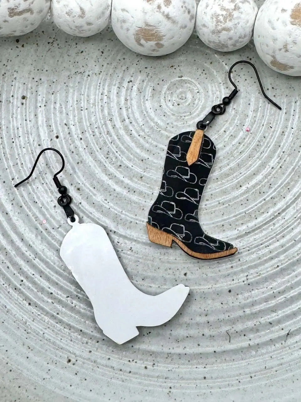 Cowboy Boot Earrings Western Style Handmade Black & White Wooden
