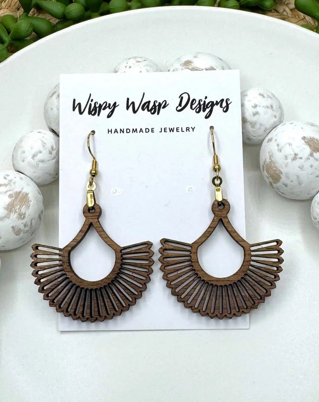 Wispy Wasp Wood Earrings: Boho Chic, Handmade Jewelry. Laser-Cut Walnut Design, Gold Hooks, Statement Style