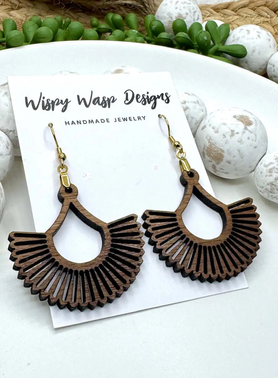 Wooden Earrings Handmade Boho Walnut Laser-Cut Wispy Wasp Designs Hypoallergenic