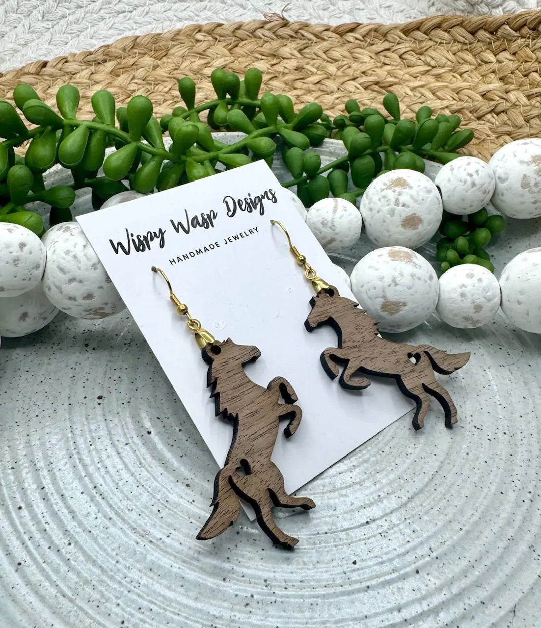 Horse Earrings Wooden Western Style Handmade Jewelry by Wispy Wasp