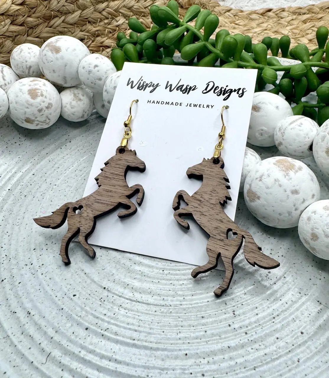 Horse Earrings Wood Heart Cutout Handmade Wispy Wasp Western Style Jewelry Gift