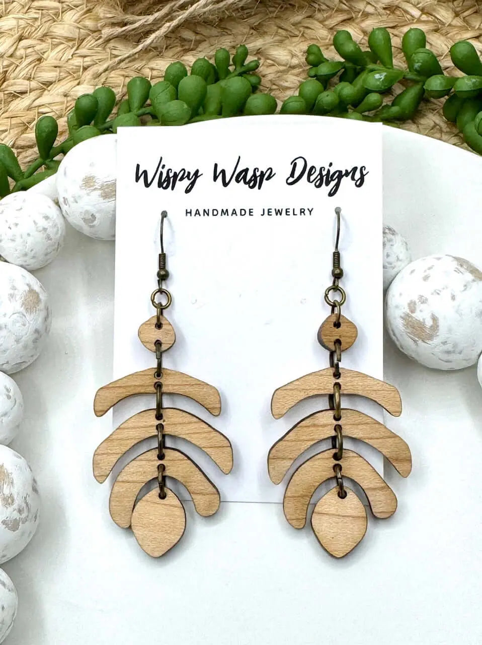 Wood Earrings Boho Dangle - Geometric Handmade Jewelry Wispy Wasp Designs