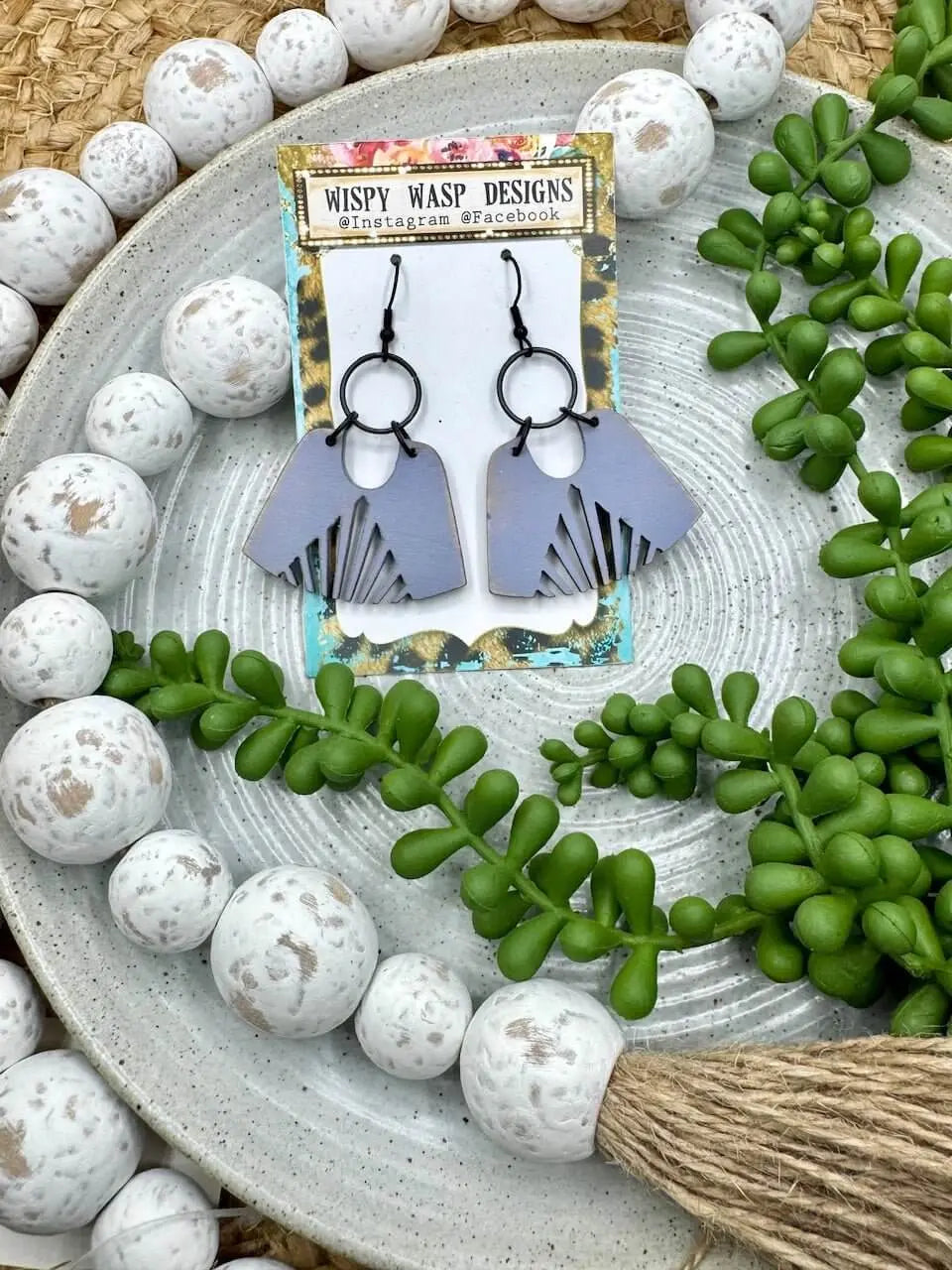 Boho Wood Earrings - Handmade Wooden Earrings with Black Hardware by Wispy Wasp Designs