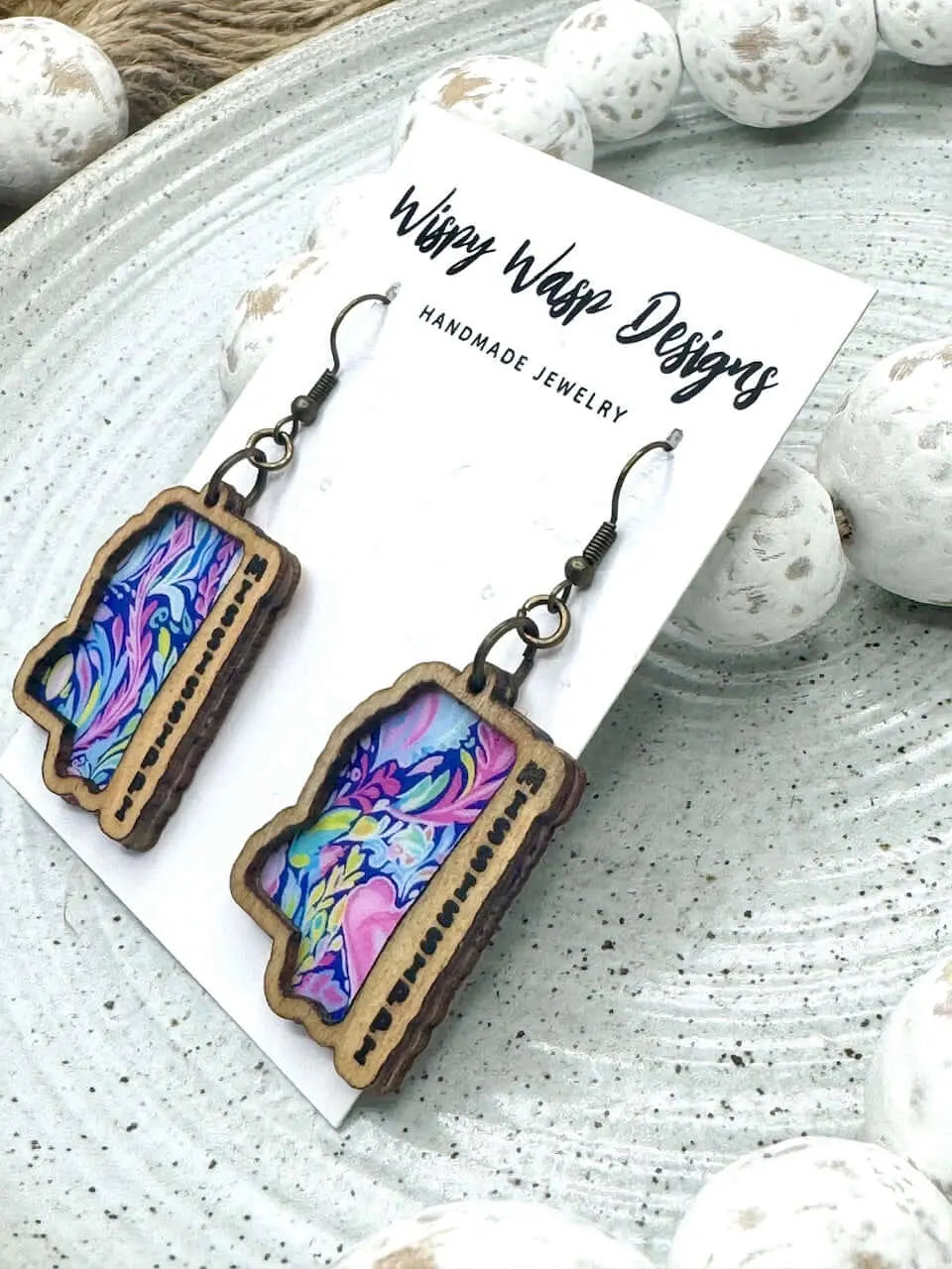 Mississippi Earrings Handmade Wood State Shape Wispy Wasp Designs, Lightweight Hypoallergenic Gift for Southern State Pride