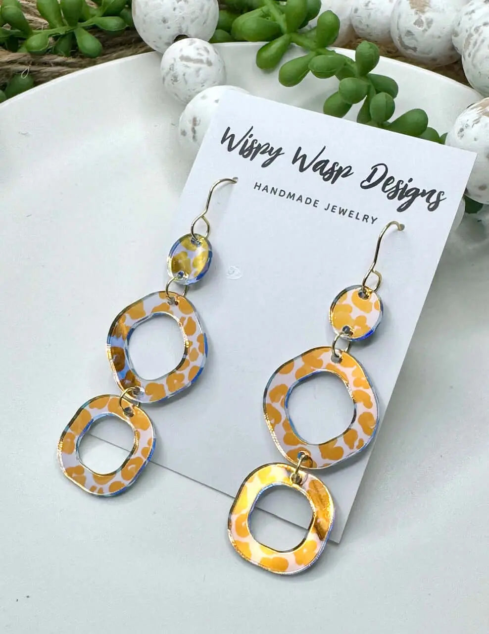 Wispy Wasp: Handmade Leopard Earrings. Iridescent Acrylic Dangle Earrings with Gold Plated Hooks - Shop Now!