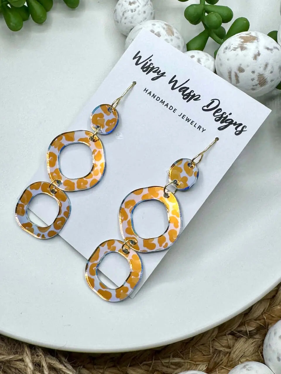 Iridescent Leopard Print Earrings: Handmade Acrylic Jewelry by Wispy Wasp. Statement Earrings.