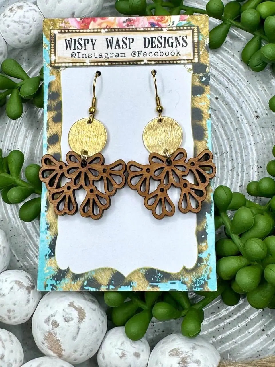 Wooden Dangle Earrings: Handmade Walnut Floral Design by Wispy Wasp, Gold-Plated Hypoallergenic Jewelry, Mississippi Craft