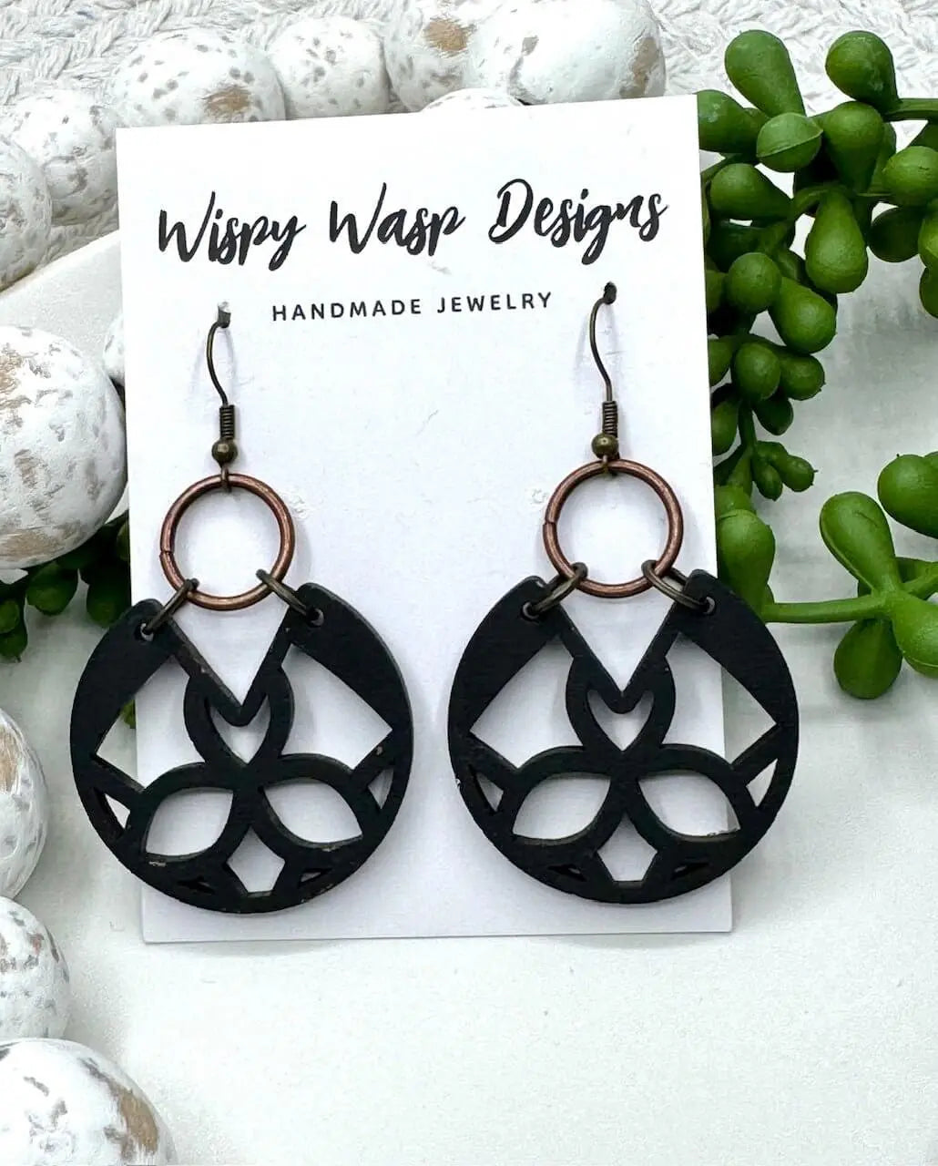 Handmade Walnut Wood Boho Earrings - Wispy Wasp Designs, Copper & Brass, Hypoallergenic Hooks