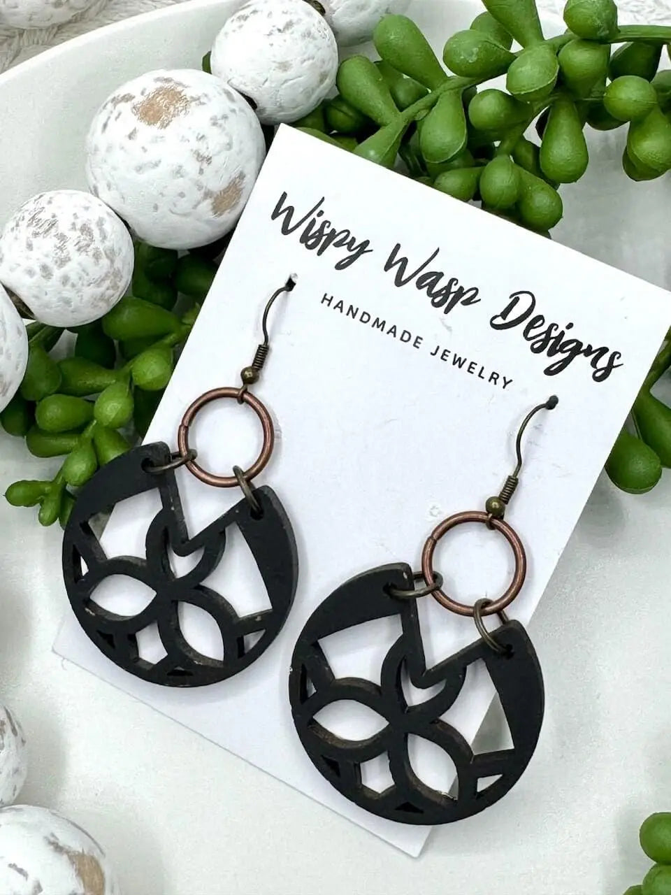 Wispy Wasp Odin Earrings: Boho walnut earrings, handmade jewelry, mixed metal details.  Mississippi crafted!