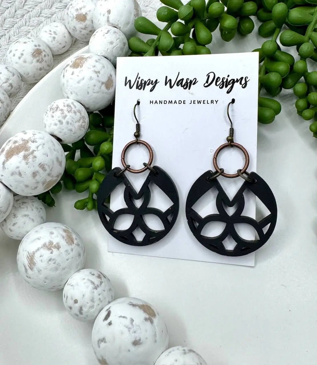 Black Boho Wooden Earrings: Handmade Odin Earring by Wispy Wasp. Rustic, Lightweight, Hypoallergenic Jewelry