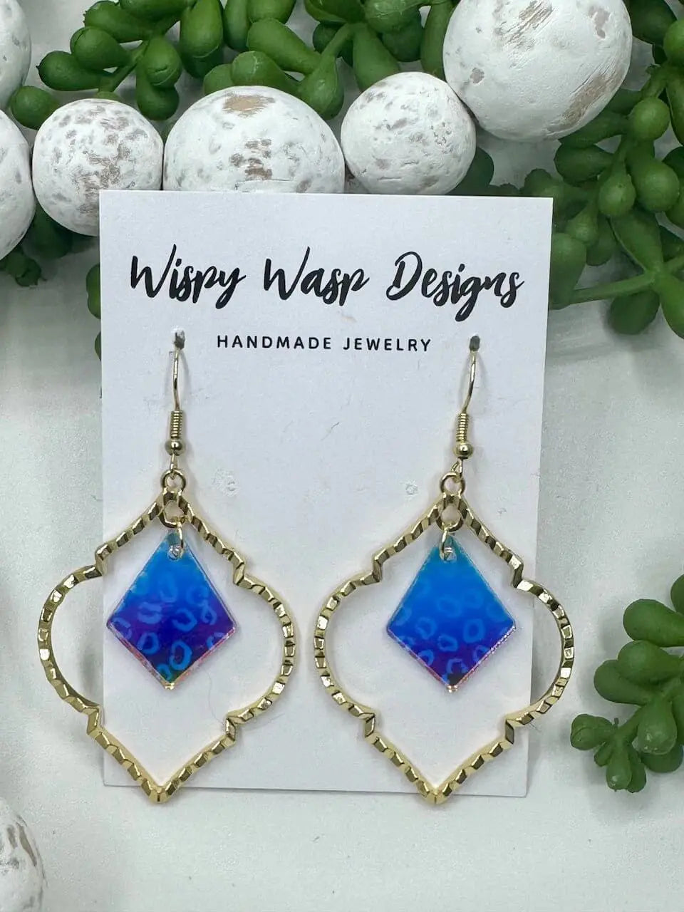 Wispy Wasp Otto Earrings: Handmade, Leopard Print Acrylic, Gold-Plated. Mississippi Jewelry.