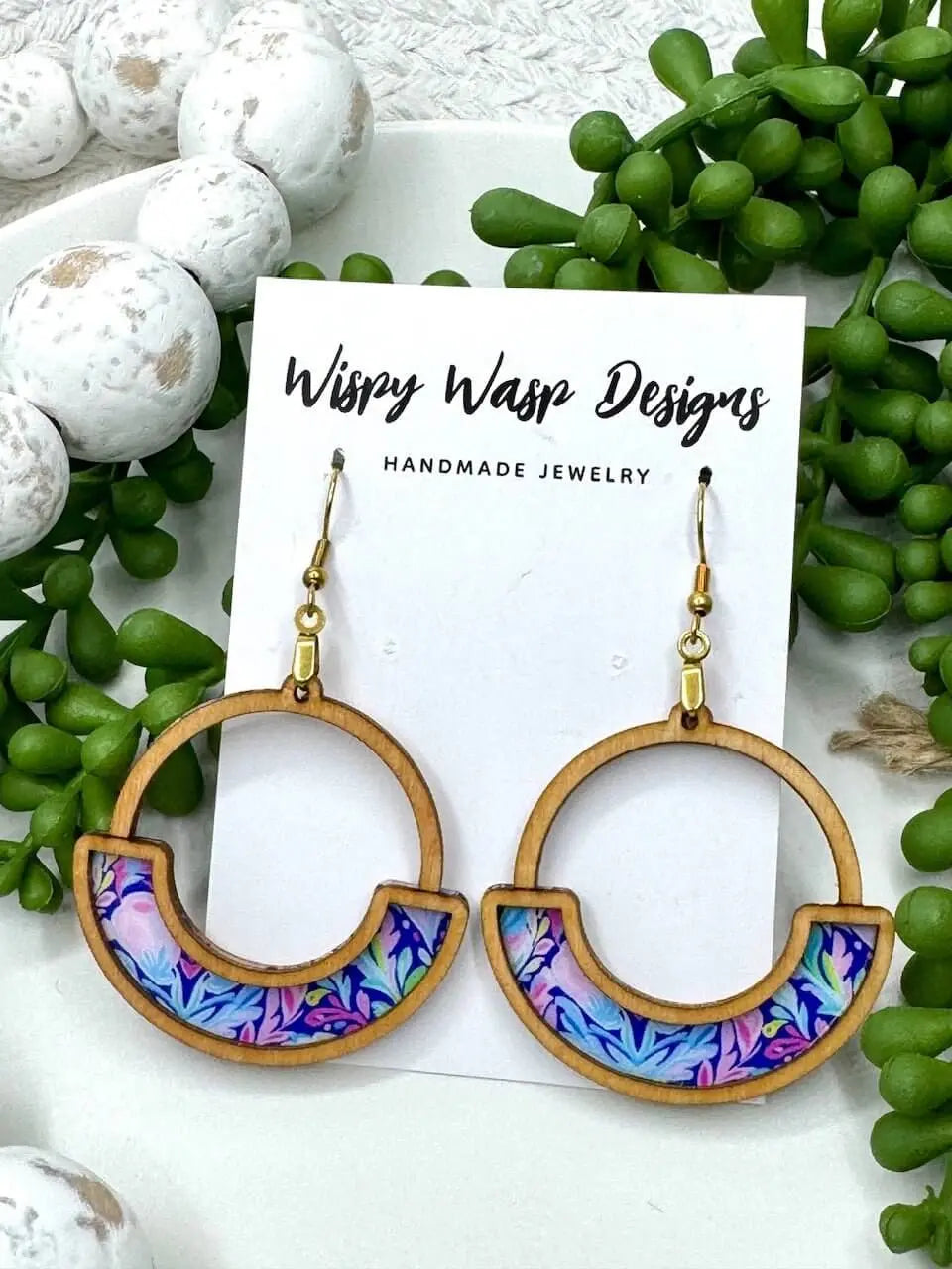 Handmade Wood Earrings - Wispy Wasp Floral Acrylic Dangle Earrings, Lightweight & Hypoallergenic