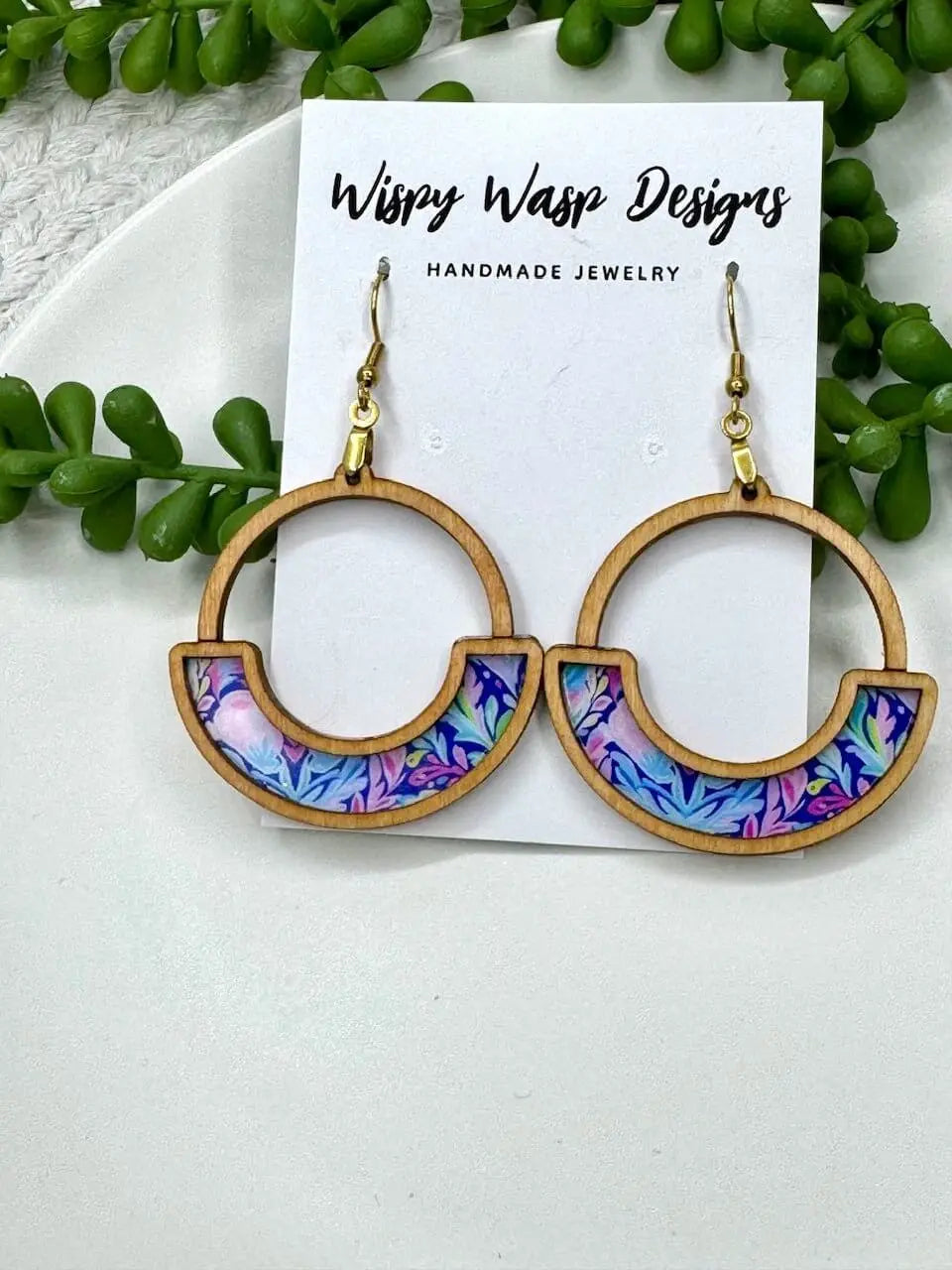Handmade Wooden Earrings with Floral Acrylic Inlay | Unique Wood and Acrylic Jewelry by Wispy Wasp