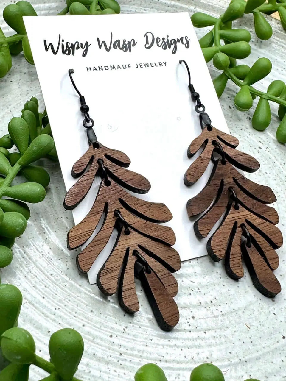 Wood Leaf Earrings: Wispy Wasp Handmade Walnut Earrings, Lightweight & Hypoallergenic