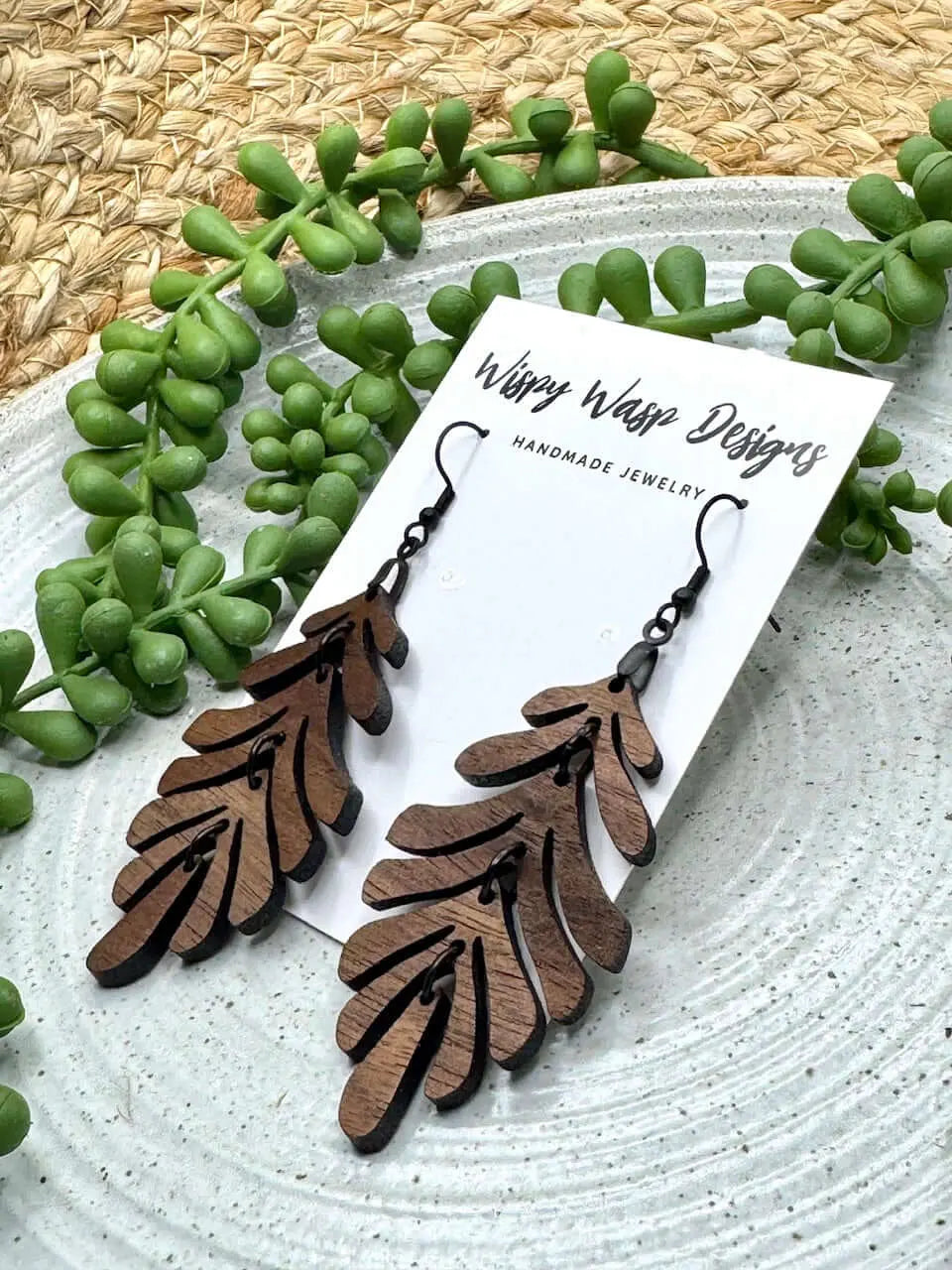 Wood Leaf Earrings: Handmade Walnut Boho Jewelry by Wispy Wasp Designs