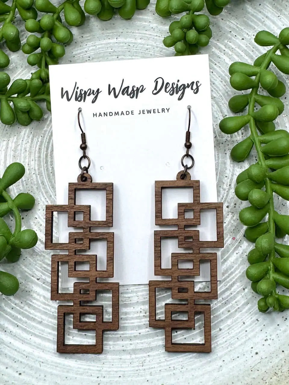 Square Wood Earrings Handmade by Wispy Wasp - Geometric Laser-Cut Design, Hypoallergenic