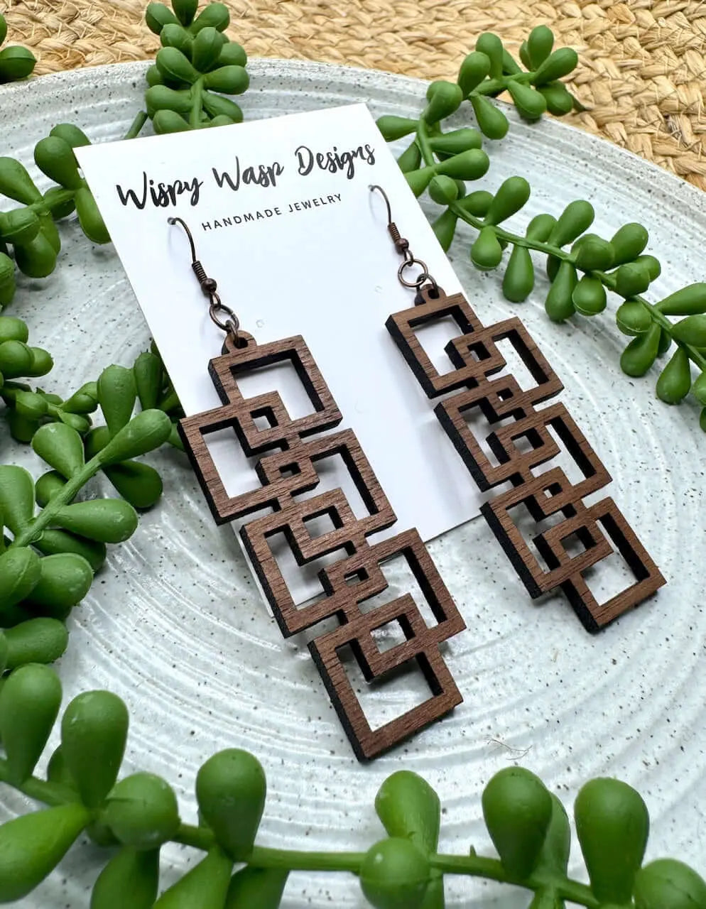Wooden Geometric Earrings: Dark Walnut Stacked Square Design, Handmade Jewelry by Wispy Wasp Designs