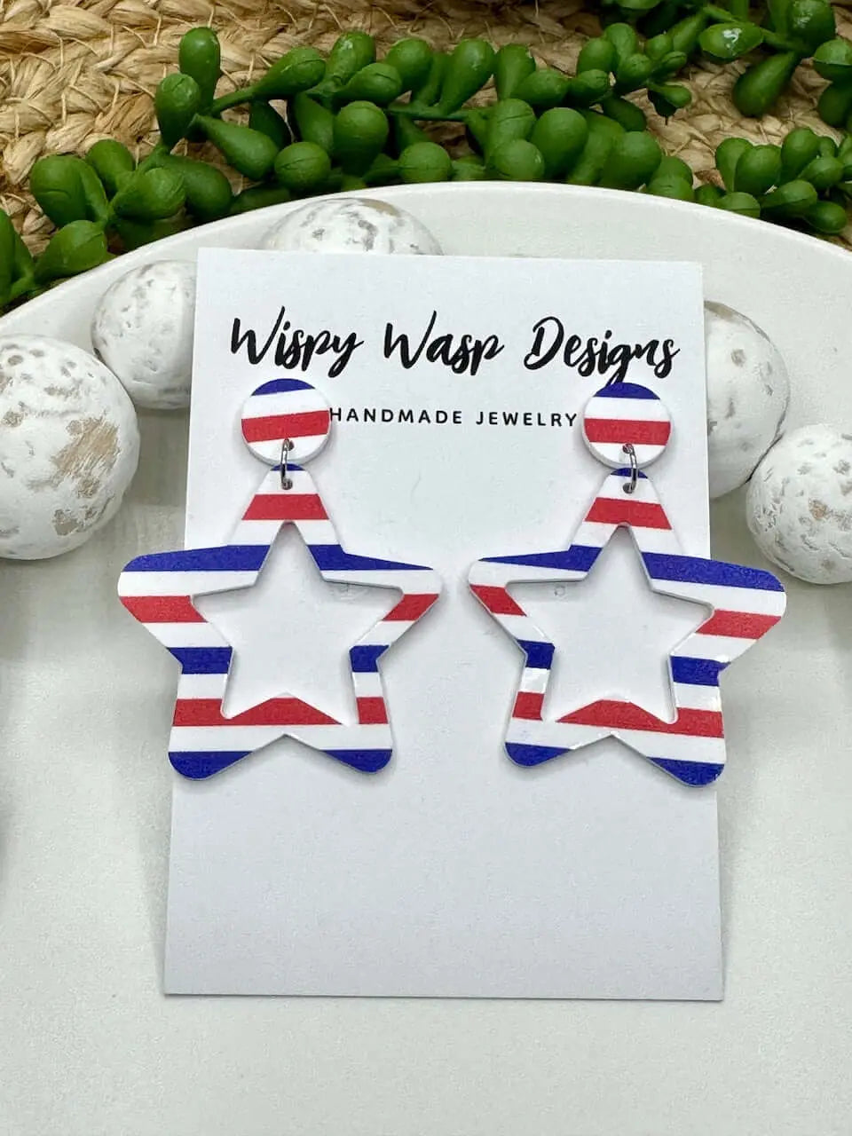 Patriotic Star Earrings: Handmade USA Jewelry - Red, White, & Blue Dangle Earrings - Wispy Wasp Designs