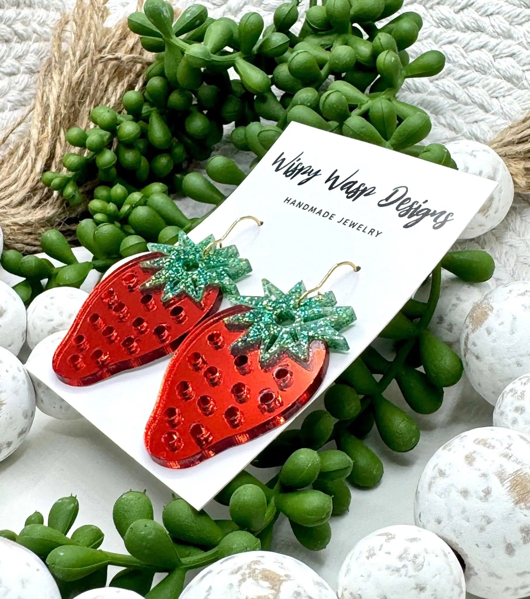 Strawberry Earrings Handmade by Wispy Wasp: Acrylic Earrings with Glitter - Fun & Unique Jewelry for Spring & Summer