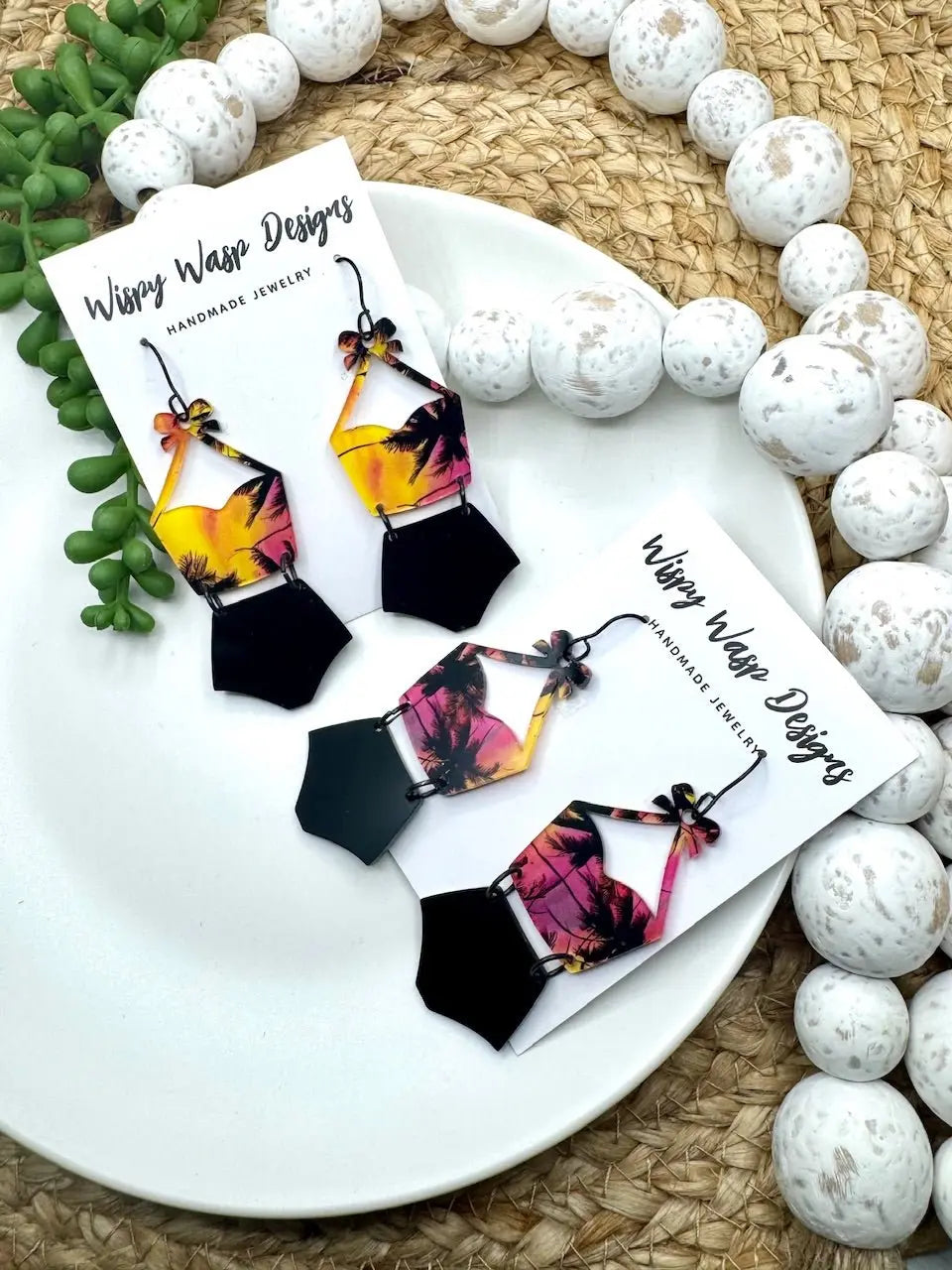 Palm Tree Swimsuit Earrings - Beach Summer Earrings, Handmade Jewelry, Pink Yellow Black Acrylic Earrings, Wispy Wasp Designs