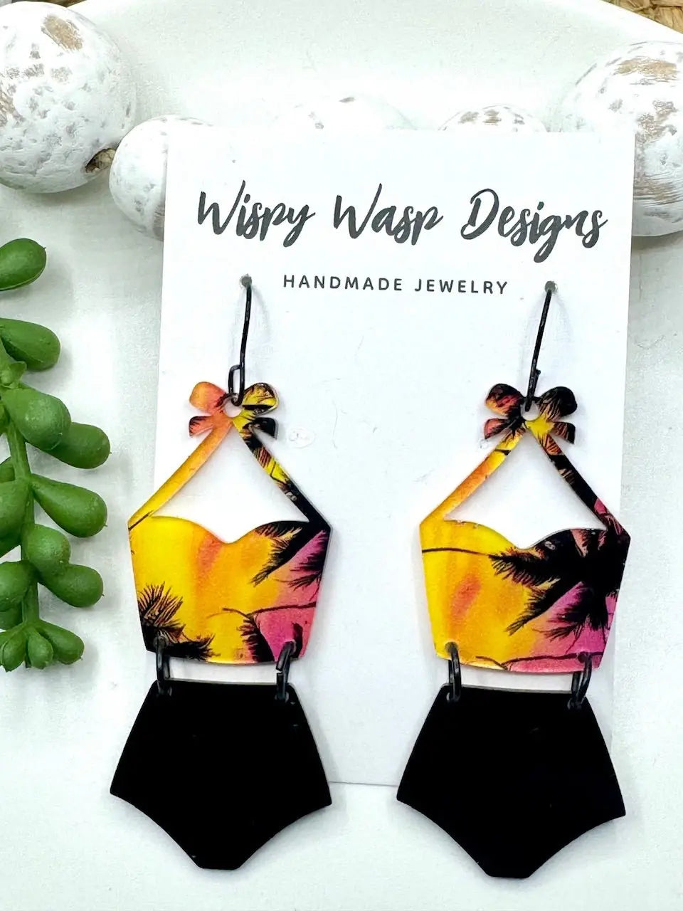 Palm Tree Swimsuit Earrings: Handmade Acrylic Jewelry, 80s Retro Style - Wispy Wasp Designs, Mississippi