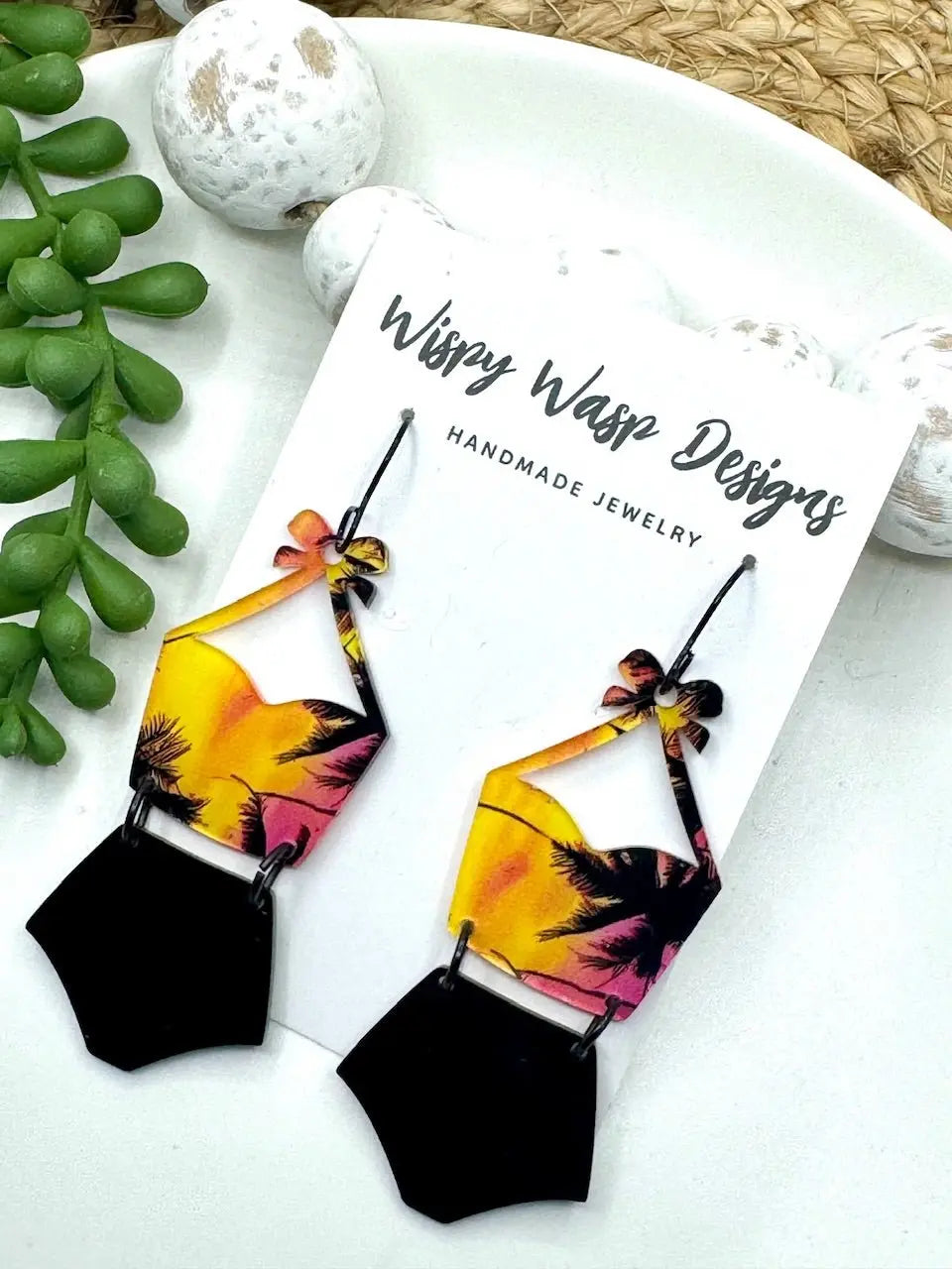 Palm Tree Sunset Earrings - Black Swimsuit Earrings - Wispy Wasp Designs Handmade Acrylic Retro Earrings - Side Angle