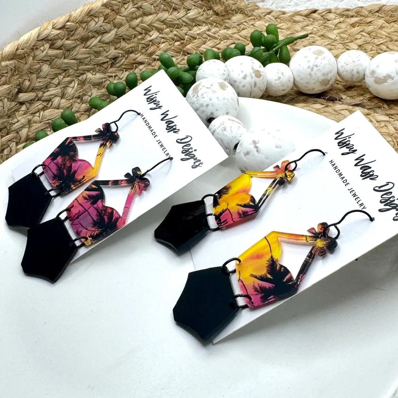Wispy Wasp Swimsuit Earrings: Handmade Retro Palm Tree Earrings - Mississippi Handmade Summer Jewelry