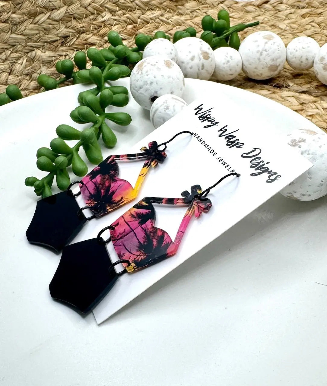 Swimsuit Earrings, 80s Palm Tree Earrings, Handmade Statement Jewelry by Wispy Wasp, Mississippi Gift