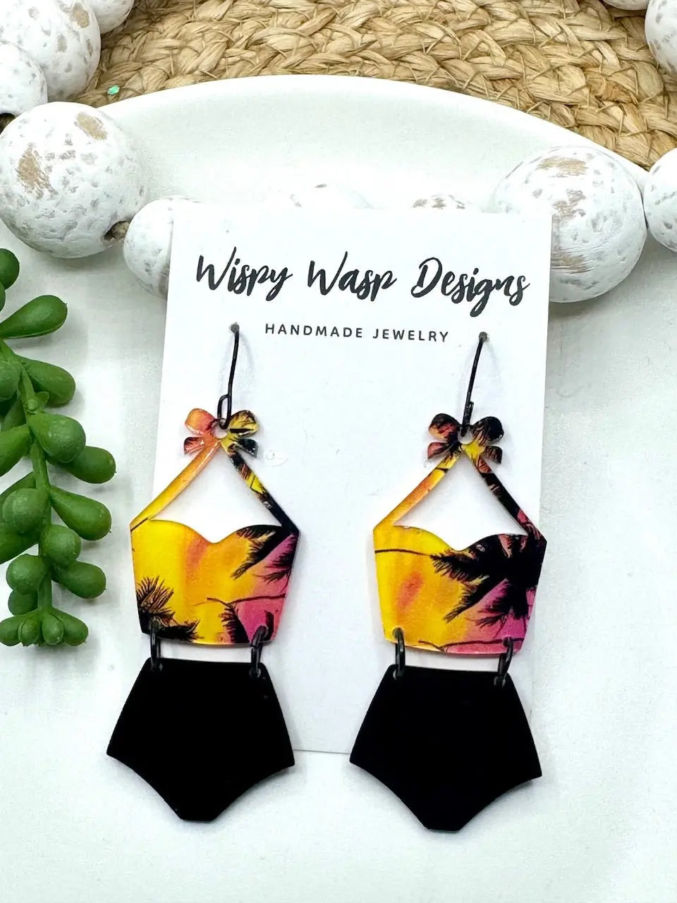 Swimsuit Earrings, Handmade in Mississippi by Main Street Collective. 80s Retro Style Acrylic Jewelry with Palm Trees