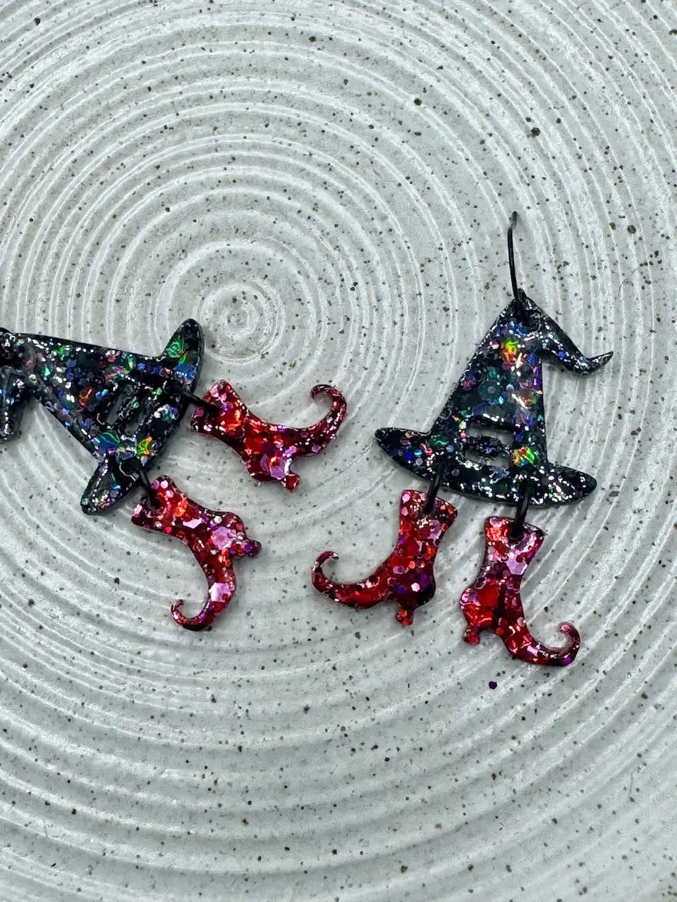 Sparkly witch hat earrings and shoe dangle Halloween jewelry for Main Street Collective boutique! Witchy handmade accessories.