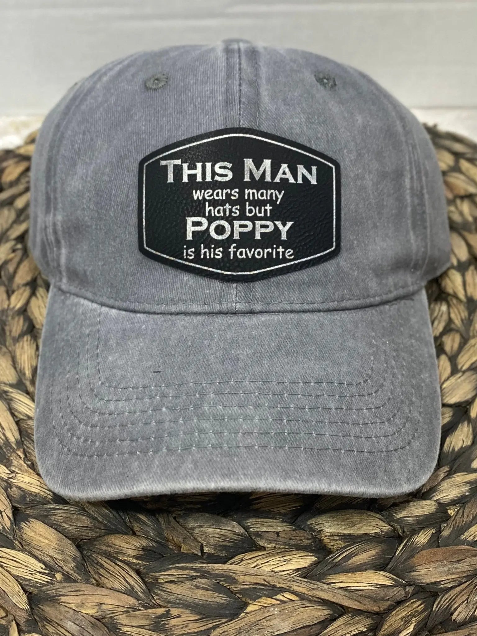 Custom "THIS MAN WEARS MANY HATS BUT POPPY" Hat. Personalized Leatherette Patch Cap - Father's Day Gift - Main Street Collective