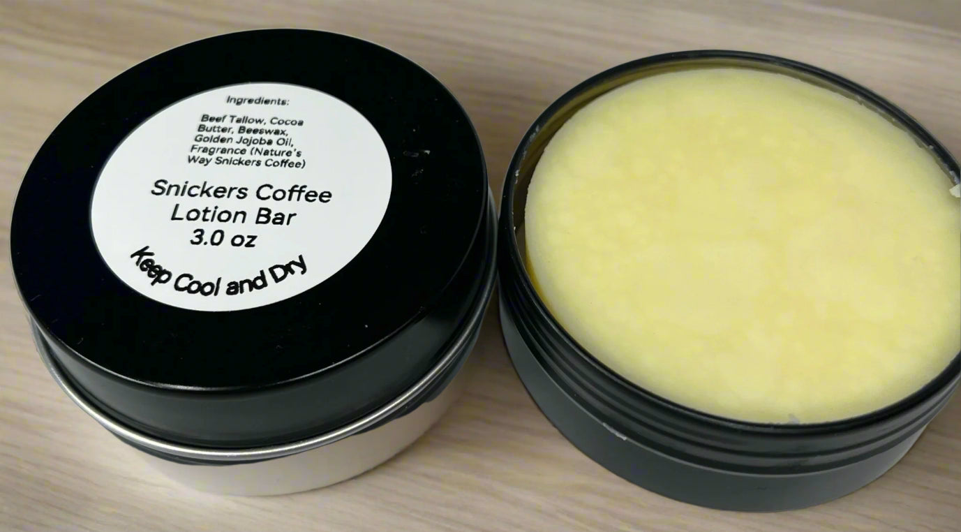 Snickers Coffee solid lotion bar by Thistle and Herb, handcrafted in Mississippi with tallow, cocoa butter, and a rich coffee caramel scent.