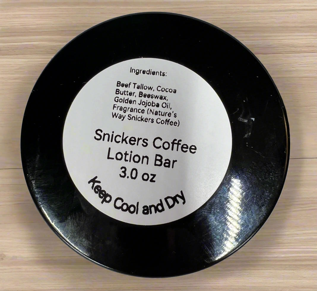 Snickers Coffee solid lotion bar by Thistle and Herb, handcrafted in Mississippi with tallow, cocoa butter, and a rich coffee caramel scent. Ingredients List