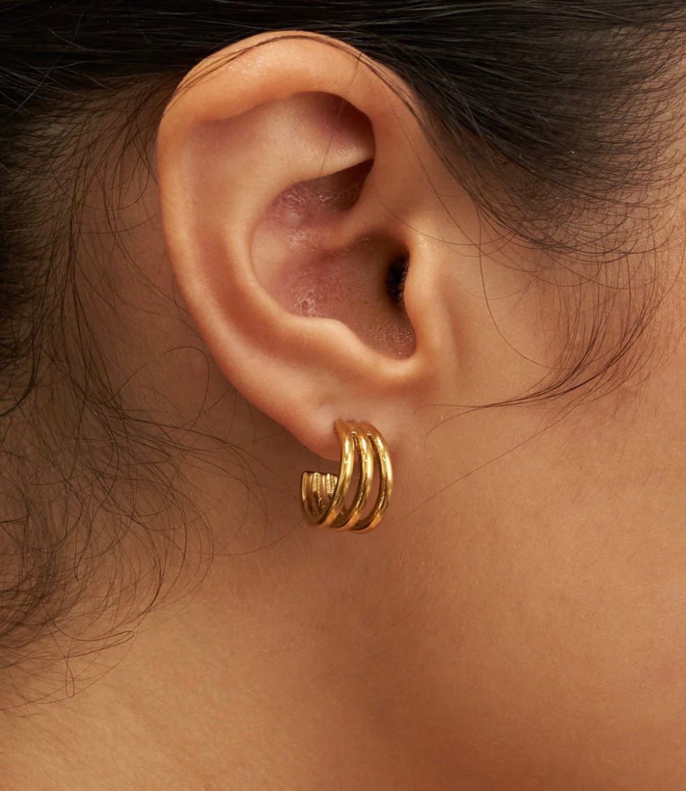 Gold Triple Hoop Earrings: Main Street Collective L.L.C. - Three Layered Hypoallergenic Hoops
