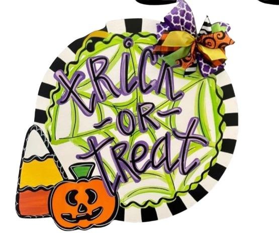 Trick or Treat Halloween Door Hanger Paint Party: DIY Pumpkin, Candy Corn, & Festive Bow Crafts Decoration