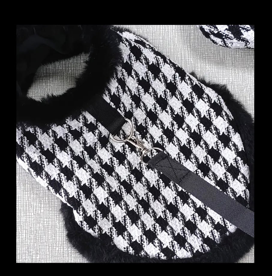 Houndstooth dog cape, beret, and leash set. Black and white patterned pet clothing, luxury dog accessory.