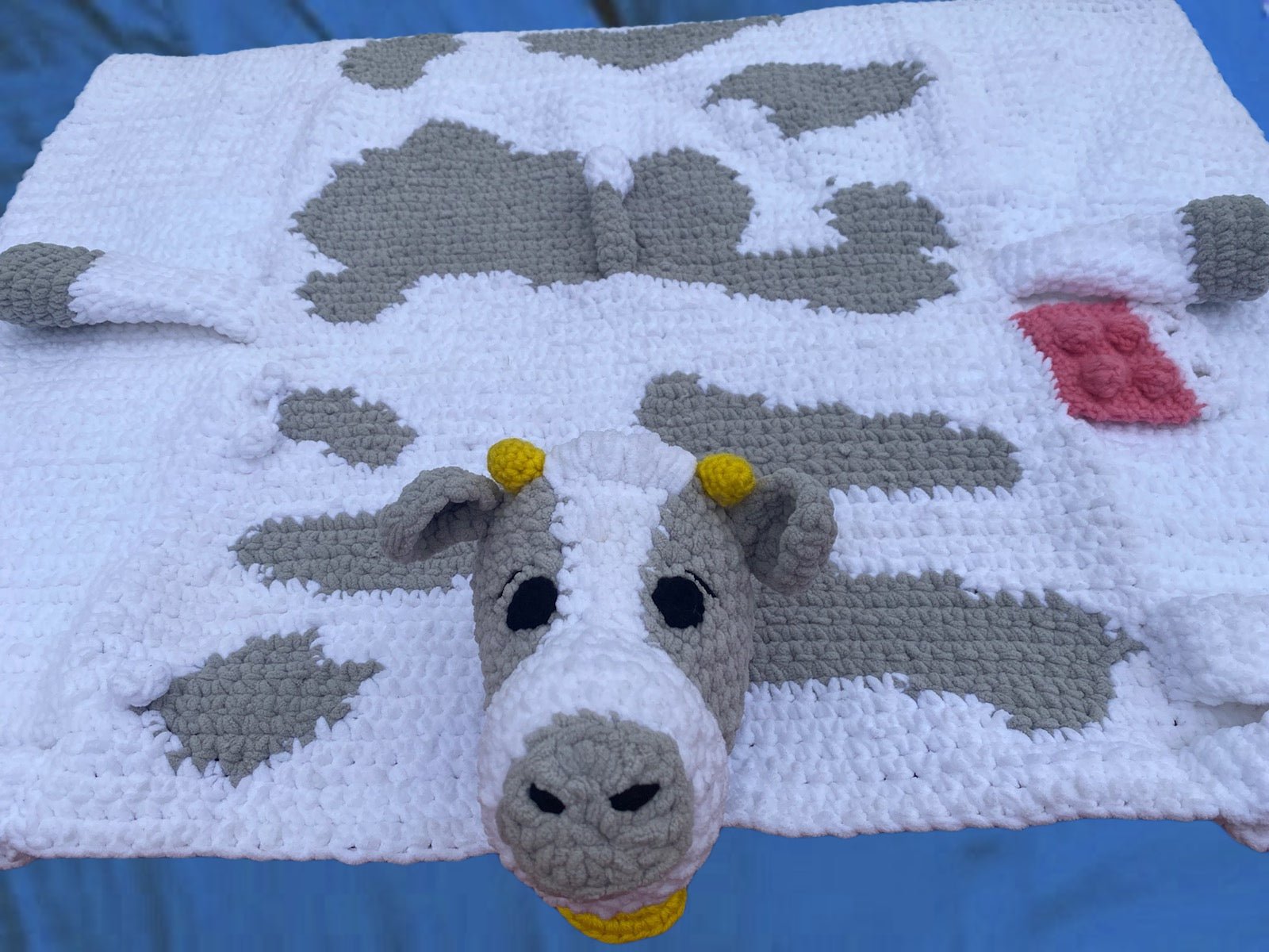 Handmade Crochet Cow Blanket: Soft, Cozy, and Perfect for Baby Showers & Nursery Decor. Cuddly, Baby-Safe Chenille Yarn.