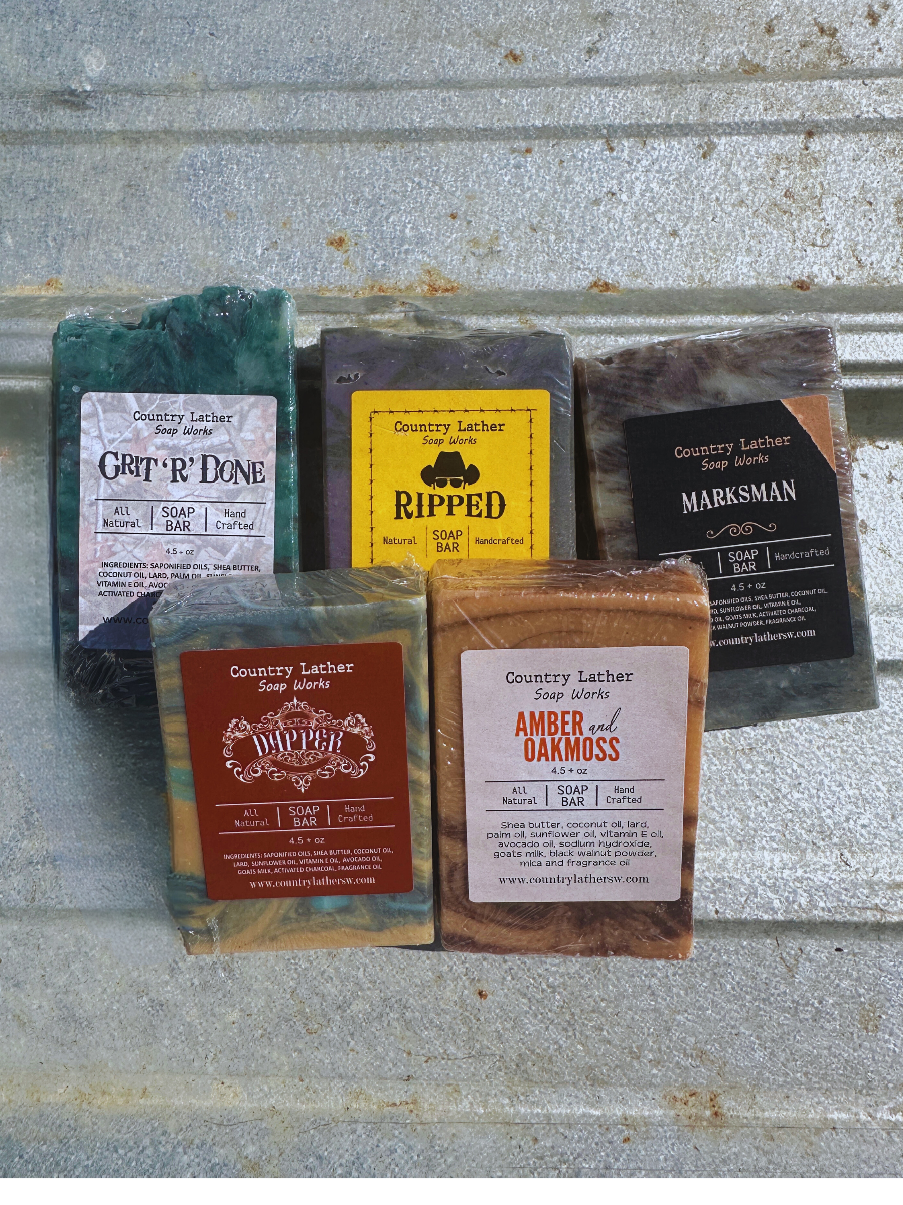 Country Lather Soap Works: Grit R' Done, Ripped, Marksman, Dapper, Amber and Oakmoss artisan soap bars, handmade soap