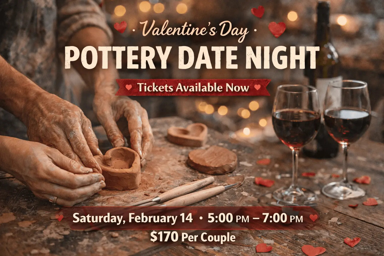 Valentine's Pottery Date Night: Create art & memories. BYOB event for couples! Pottery making with wine.