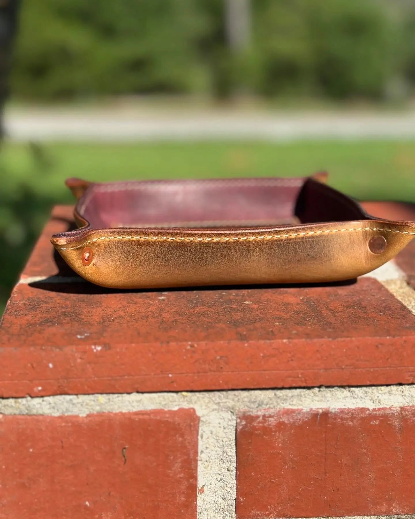 Handmade Brown & Burgundy Leather Valet Tray by Main Street Collective - Perfect for organizing essentials on your entryway table.