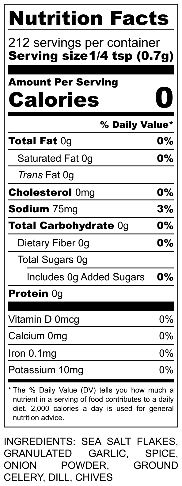 Nutrition Facts: Vegetable Blend Seasoning. Serving Size 1/4 tsp. 0 Calories, 75mg Sodium. See full label for details.