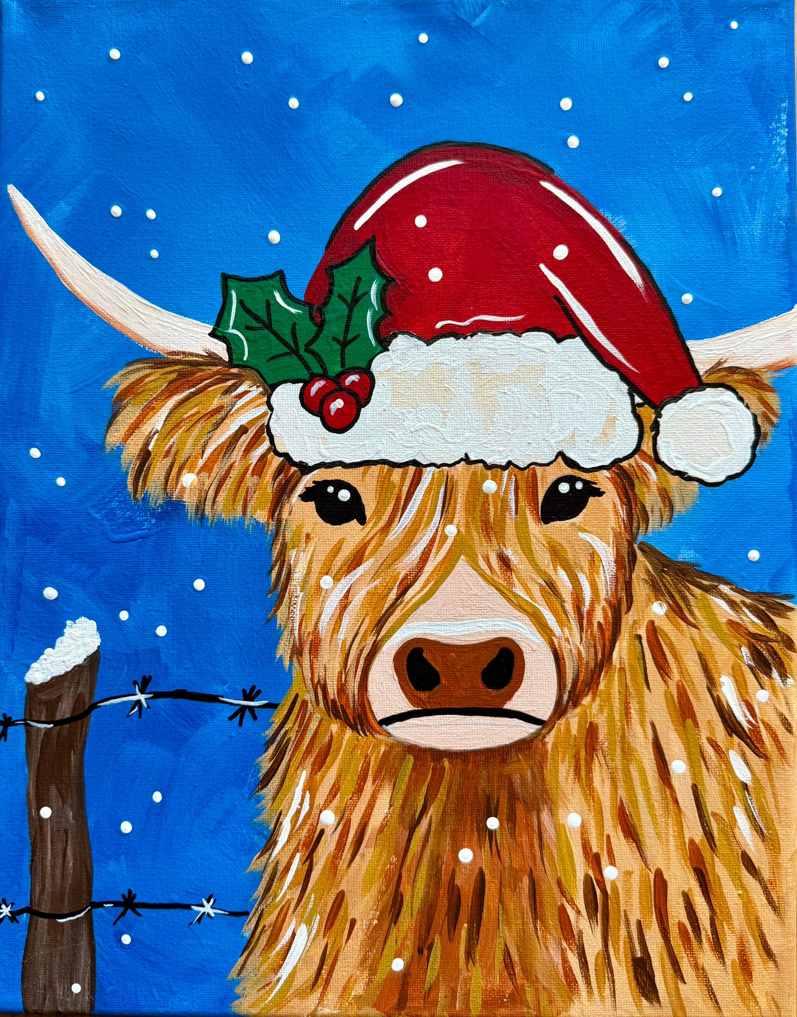 Christmas Highland Cow Painting: Cow in Santa Hat Art, Holiday Animal Decor