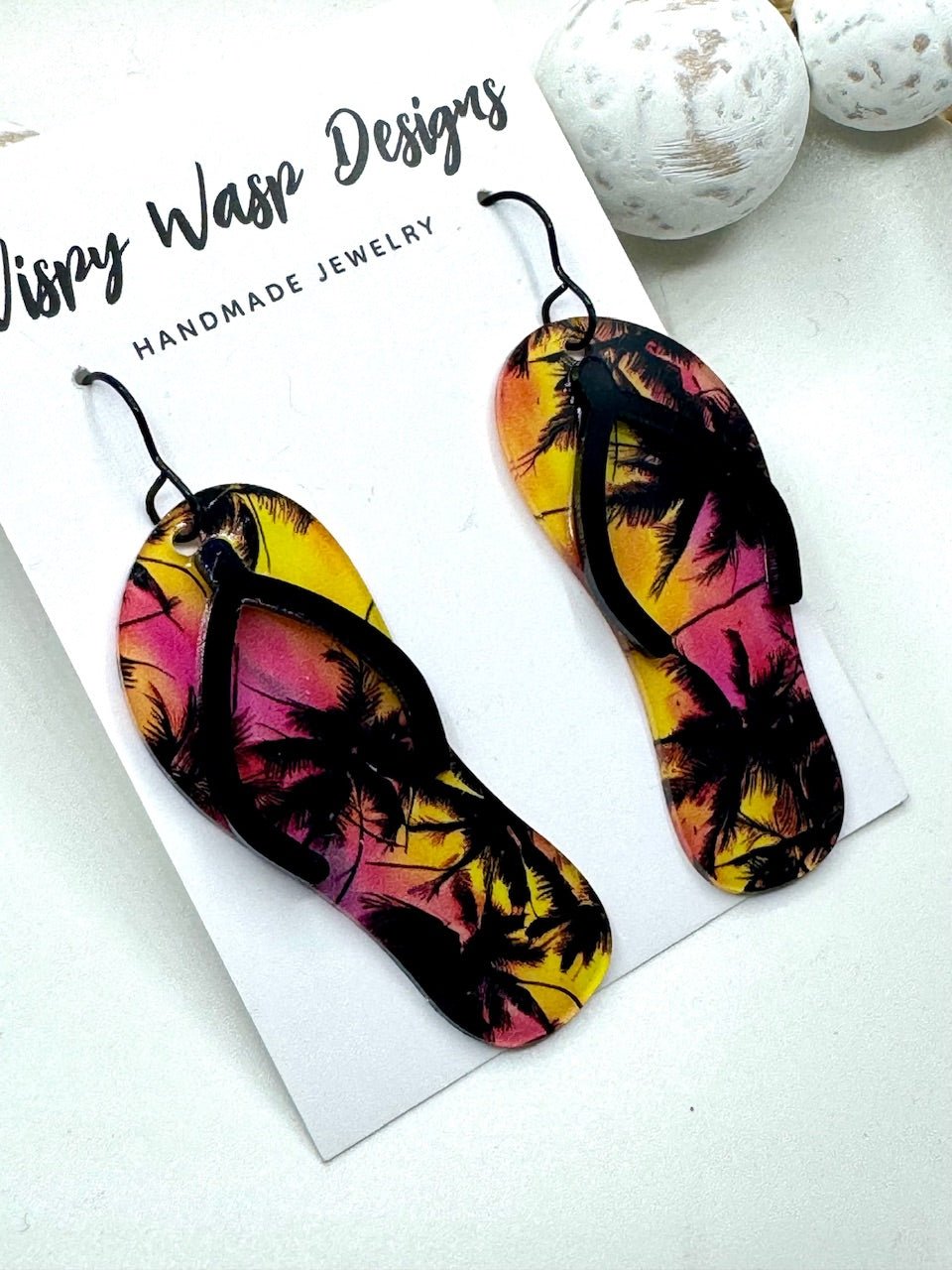 Flip Flop Earrings Palm Tree Retro Summer Wispy Wasp Designs Handmade Jewelry