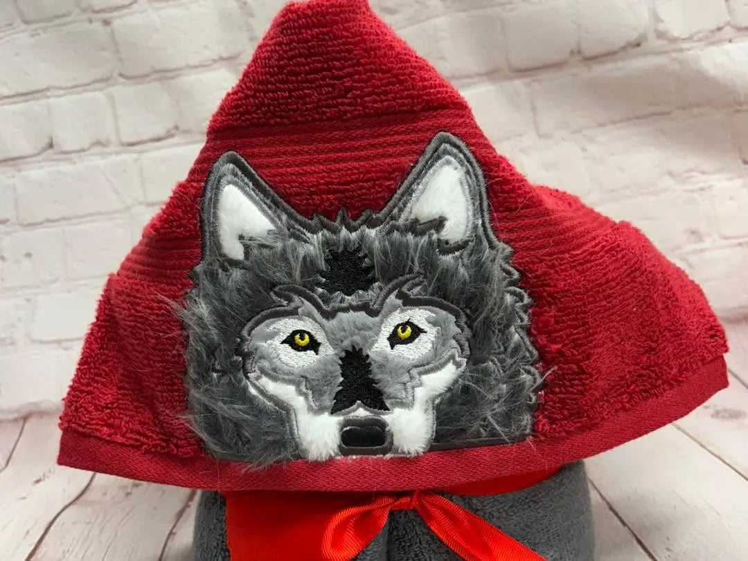 WOLF HOODED TOWEL handmade by Main Street Collective, red hood with embroidered gray wolf face.
