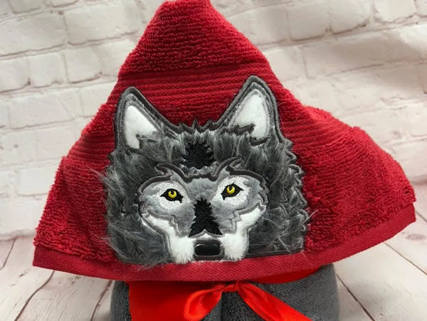 WOLF HOODED TOWEL handmade by Main Street Collective, red hood with embroidered gray wolf face.
