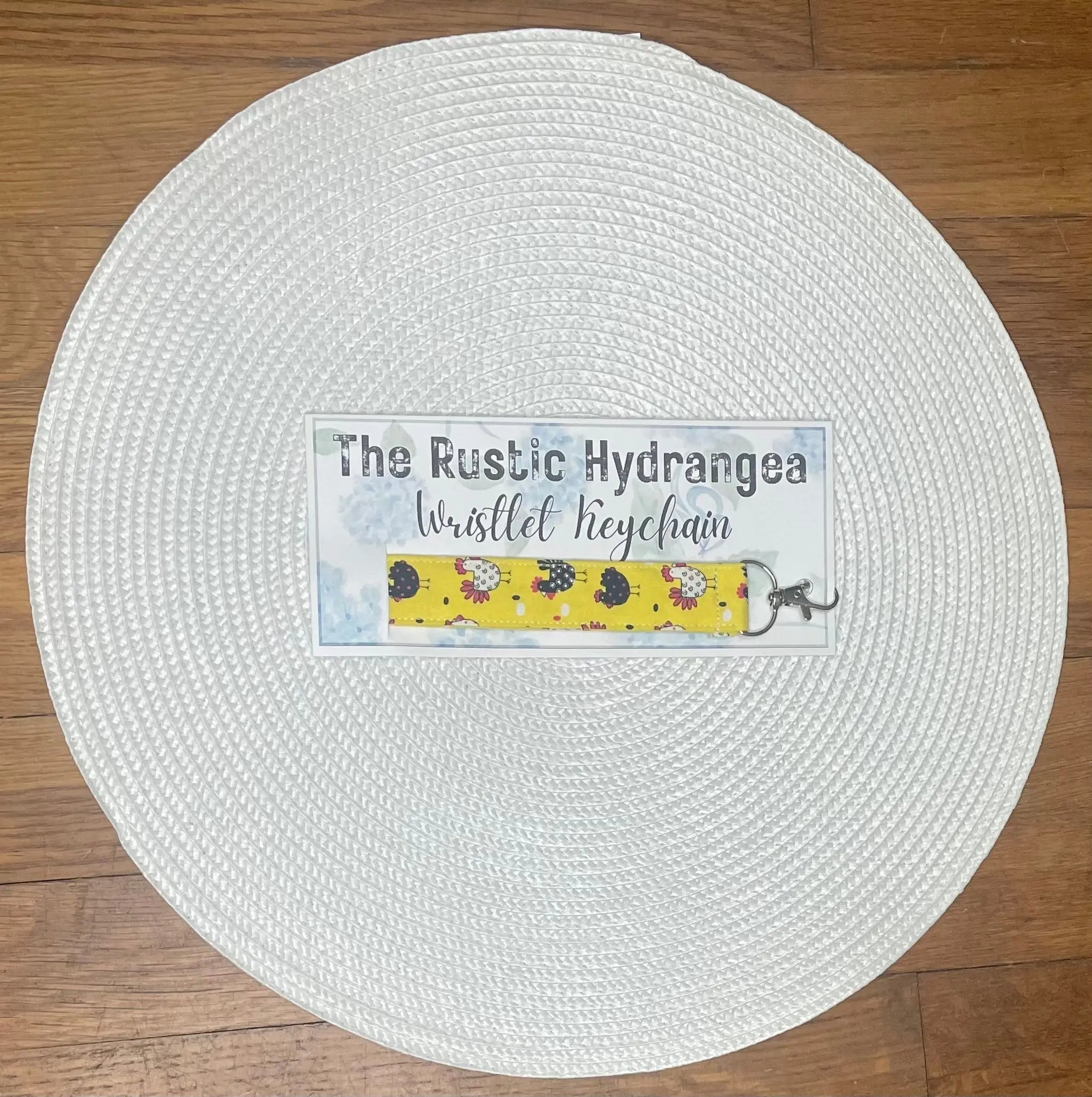 The Rustic Hydrangea Wristlet Keychain: Yellow Chicken Fabric Keychain