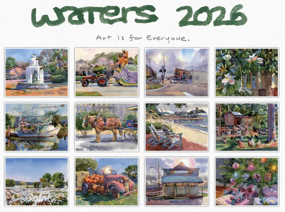 Wyatt Waters 2026 Watercolor Calendar: Mississippi & Southern Scenes. Art calendar featuring paintings by Mississippi artist Wyatt Waters.