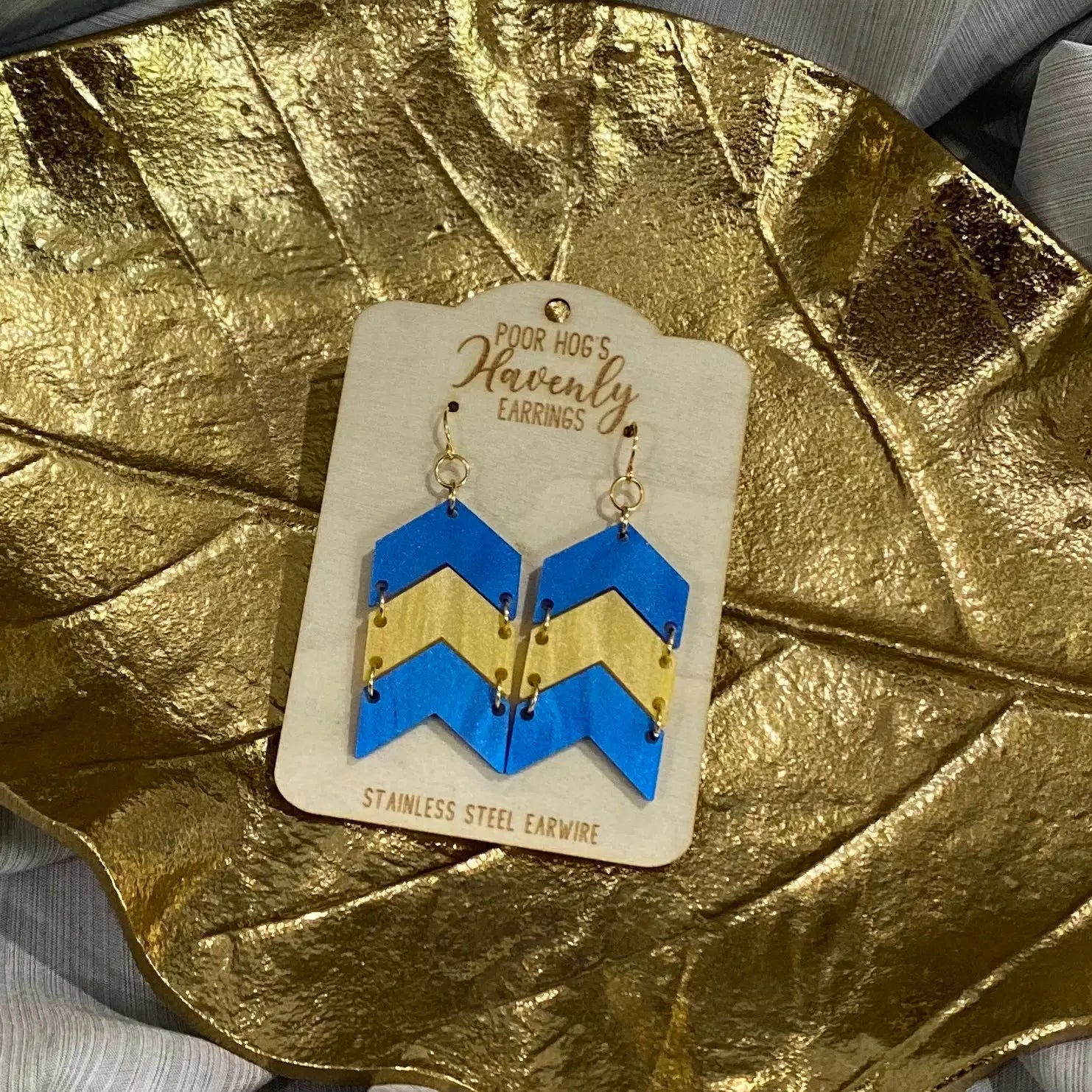 Yellow & Blue Chevron Earrings - Pearl Acrylic, Handmade, Main Street Collective