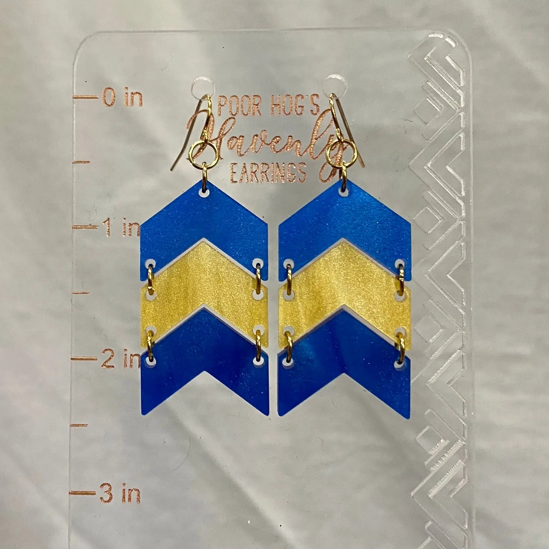 Blue and Gold Chevron Earrings: Handmade Pearl Acrylic Dangle Earrings by Main Street Collective